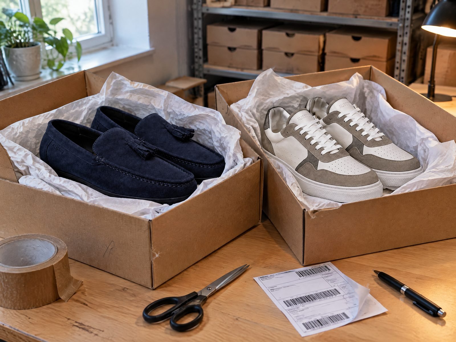 Scatole aperte con mocassini con nappine blu navy e sneaker bianche e tortora Alissiu su un tavolo, con nastro adesivo, forbici ed etichetta di spedizione